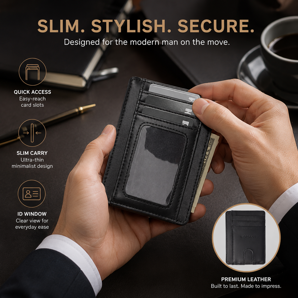 Mordano Genuine Leather Card Holder | Slim RFID Blocking Business Credit Case
