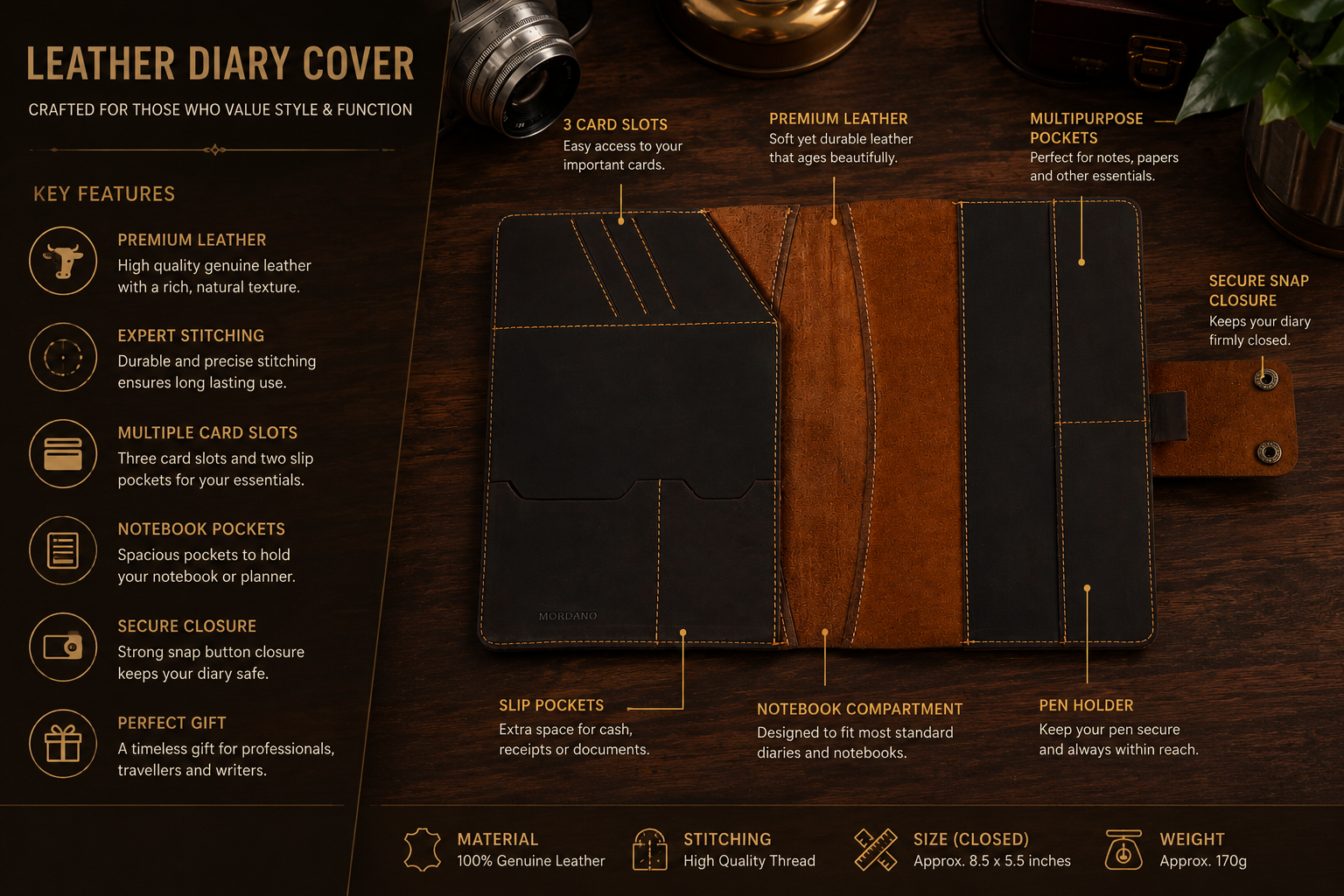 Personalized A5 Leather Portfolio Organizer for Men & Women – Professional Padfolio with Zipper Closure, Resume & Document Holder, Refillable Writing Journal Binder for Business, Meetings & Travel