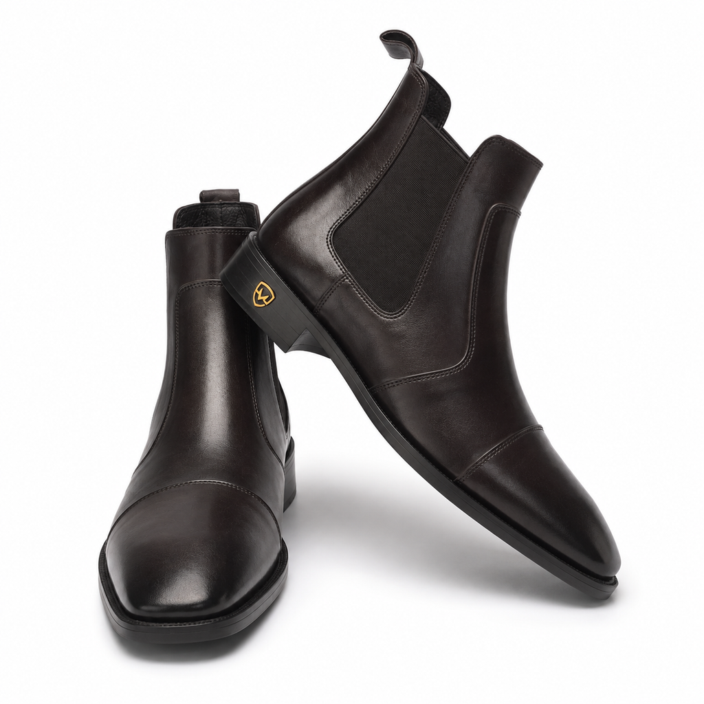 Men's Dark Brown Leather Cap-Toe Chelsea Boots with Leather Sole
