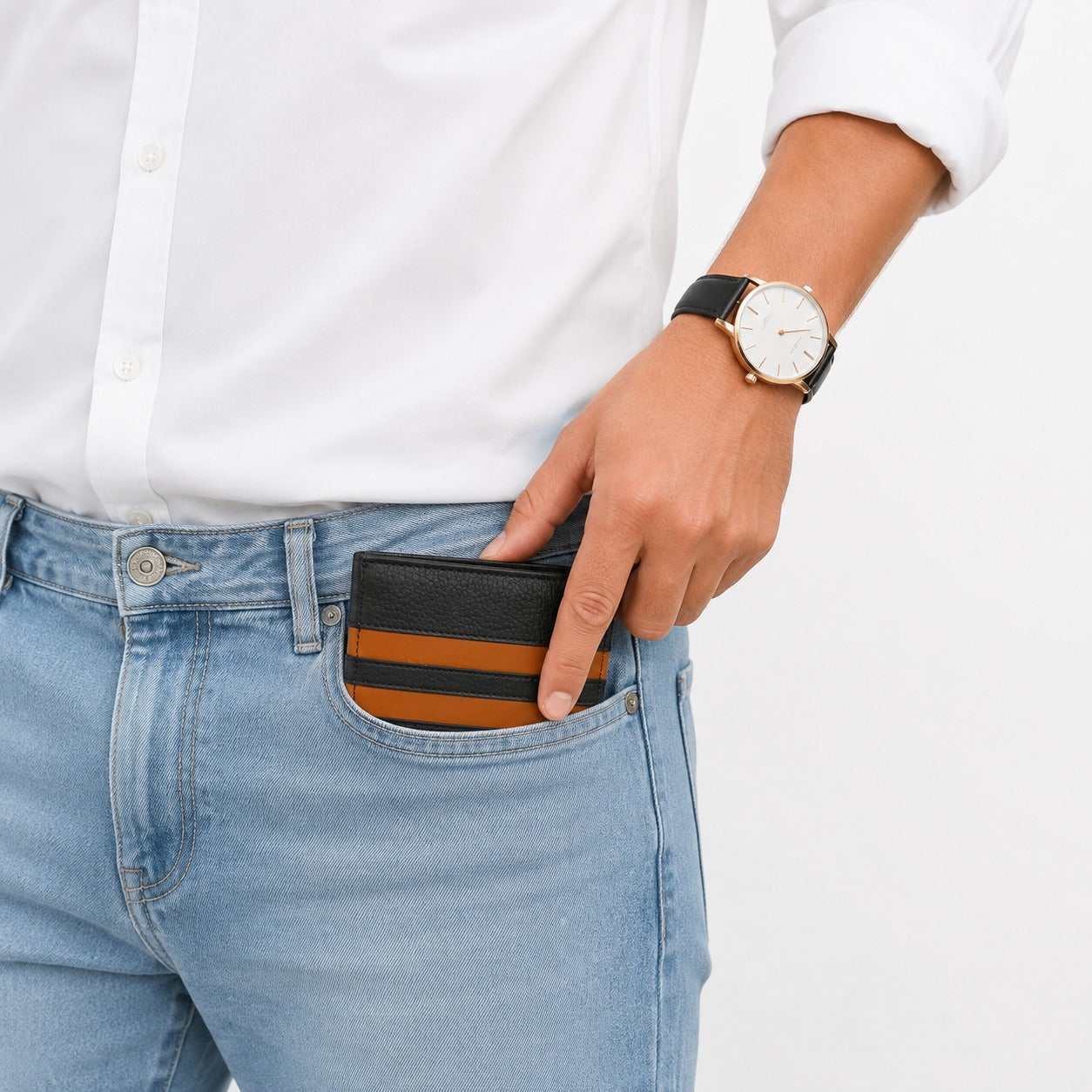 lassic Black Wallet with Tan Accent Stripes