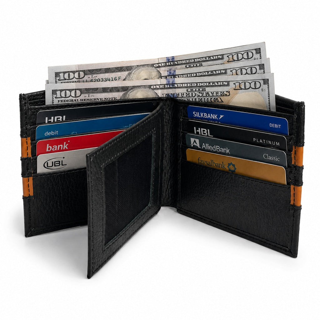 lassic Black Wallet with Tan Accent Stripes