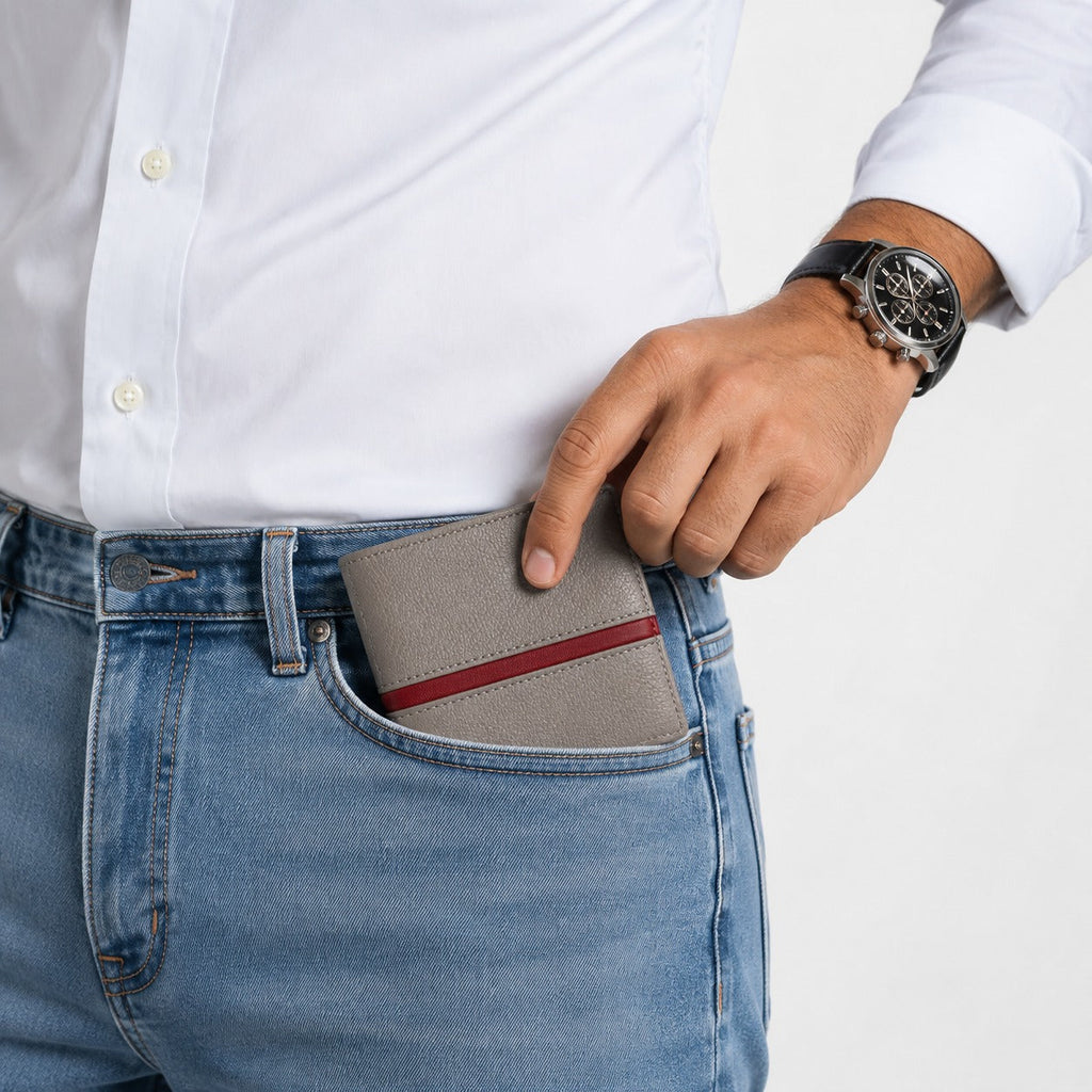 Premium Men's Leather Bifold Wallet – Grey with Red Accent | Slim Card Holder | Cash Wallet