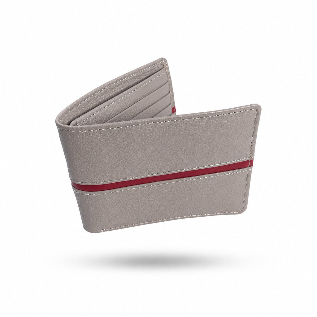 Premium Men's Leather Bifold Wallet – Grey with Red Accent | Slim Card Holder | Cash Wallet