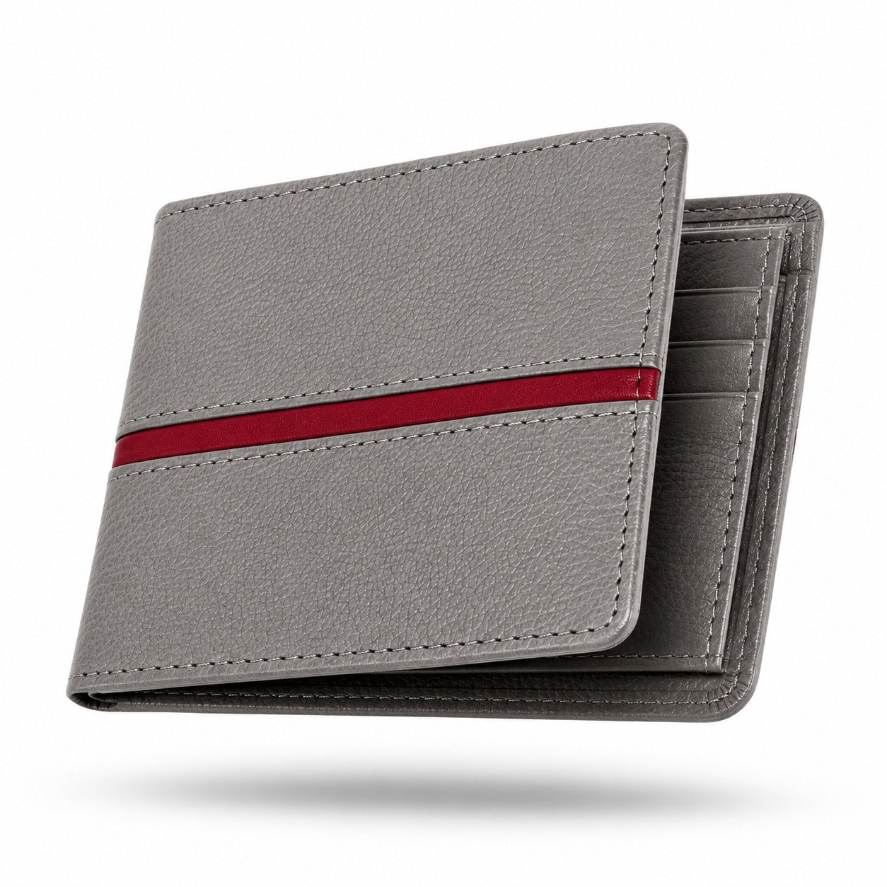 Premium Men's Leather Bifold Wallet – Grey with Red Accent | Slim Card Holder | Cash Wallet