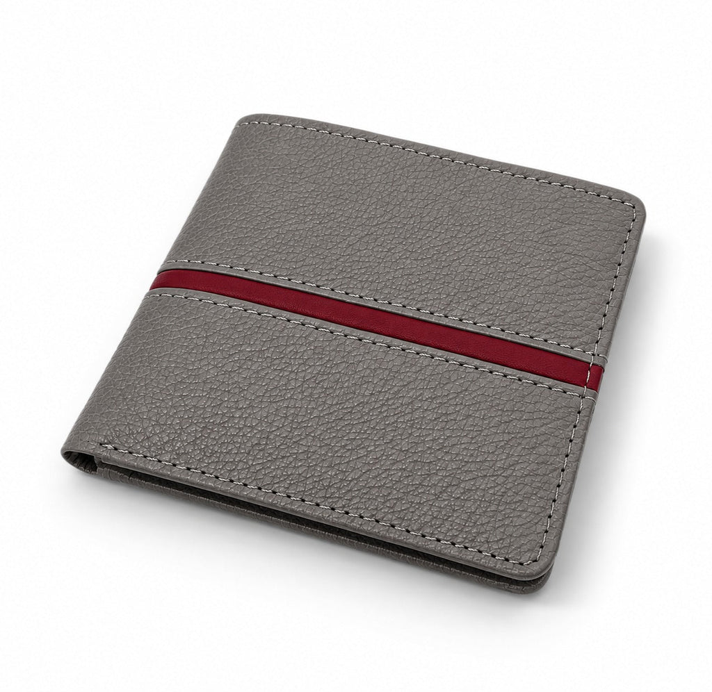 Premium Men's Leather Bifold Wallet – Grey with Red Accent | Slim Card Holder | Cash Wallet
