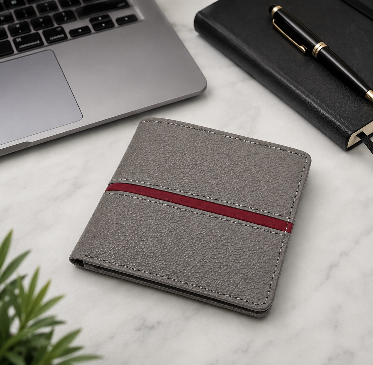 Premium Men's Leather Bifold Wallet – Grey with Red Accent | Slim Card Holder | Cash Wallet