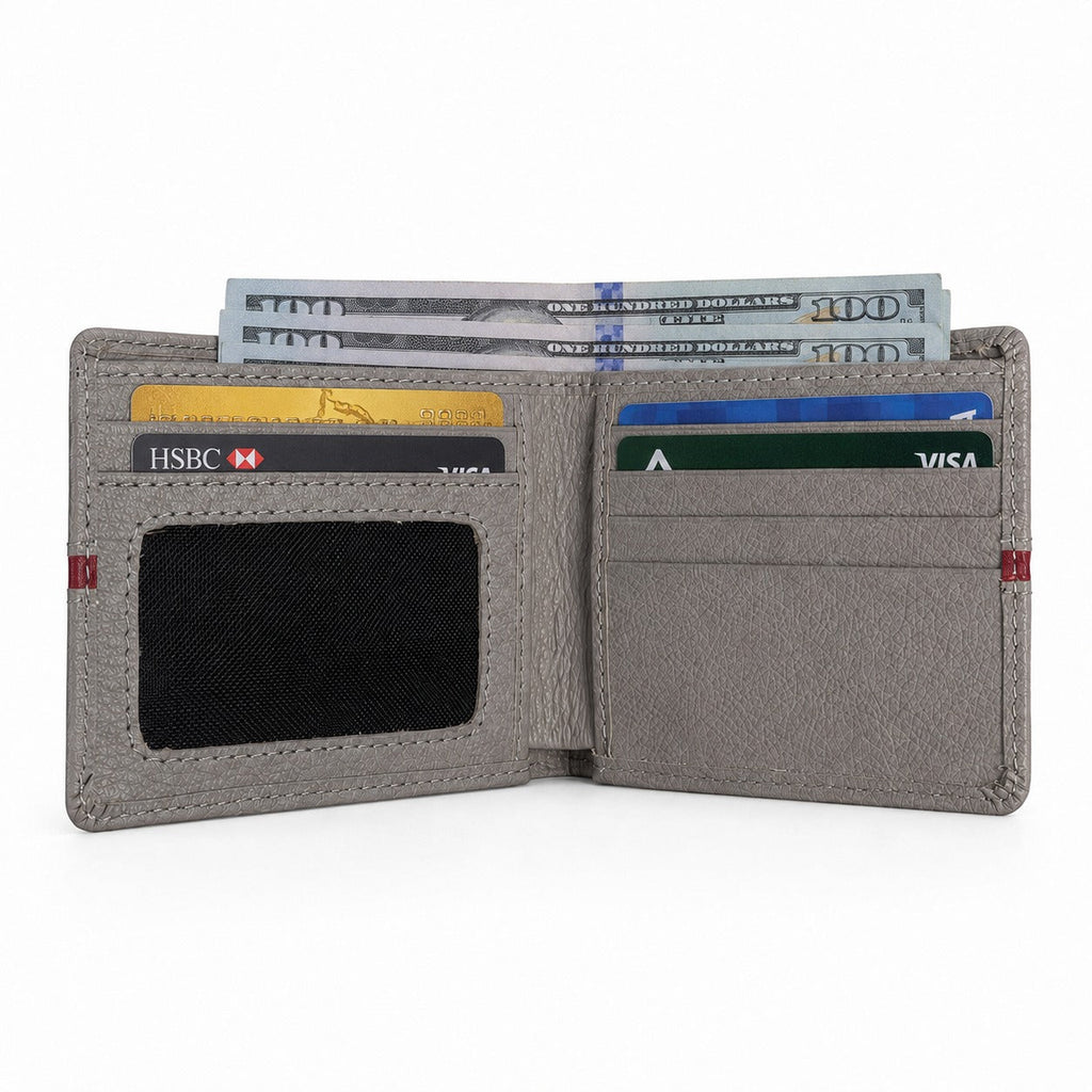 Premium Men's Leather Bifold Wallet – Grey with Red Accent | Slim Card Holder | Cash Wallet