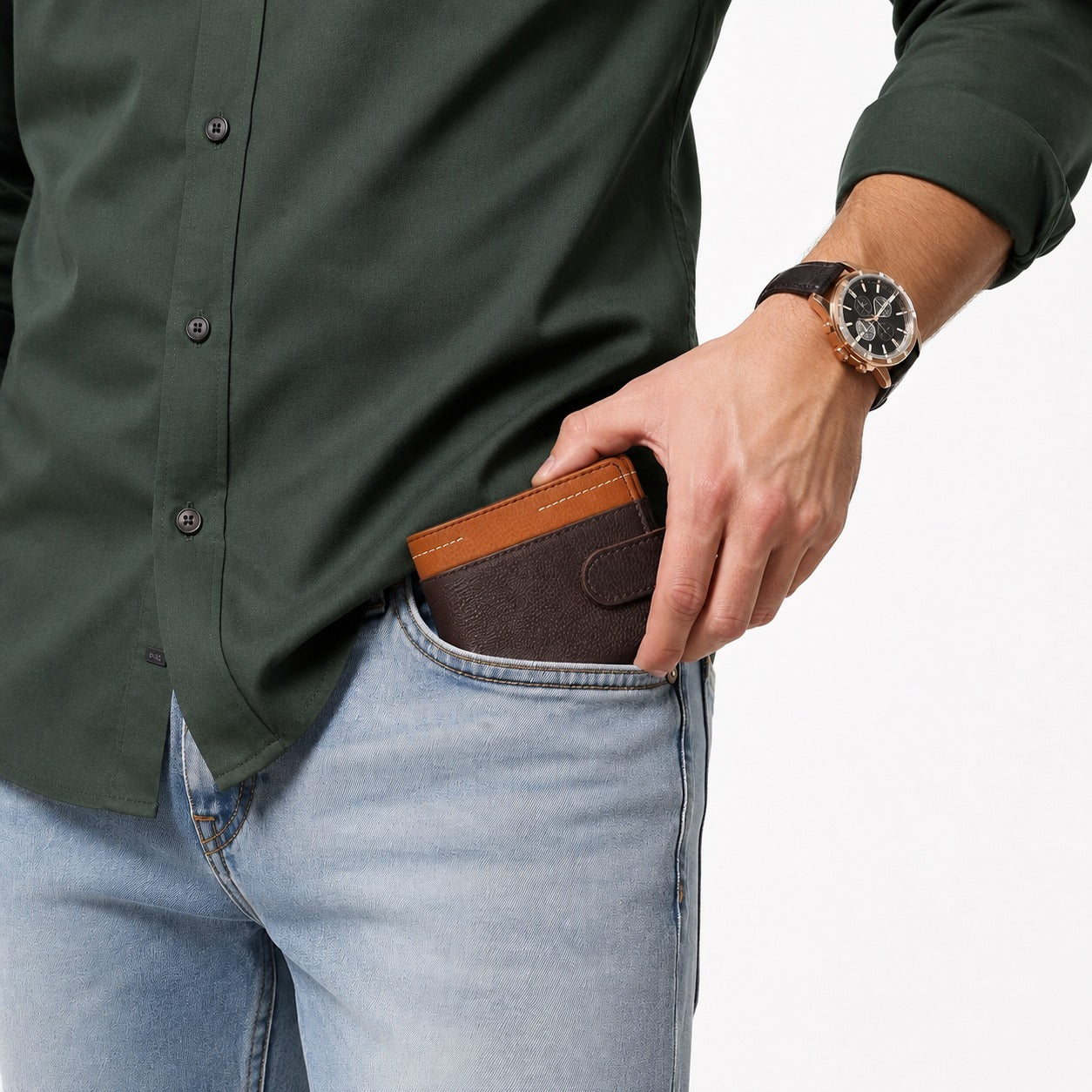 Premium Men's Leather Bifold Wallet – Button Closure | Coin Pocket | Card Holder | Brown