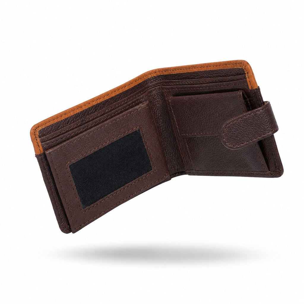 Premium Men's Leather Bifold Wallet – Button Closure | Coin Pocket | Card Holder | Brown