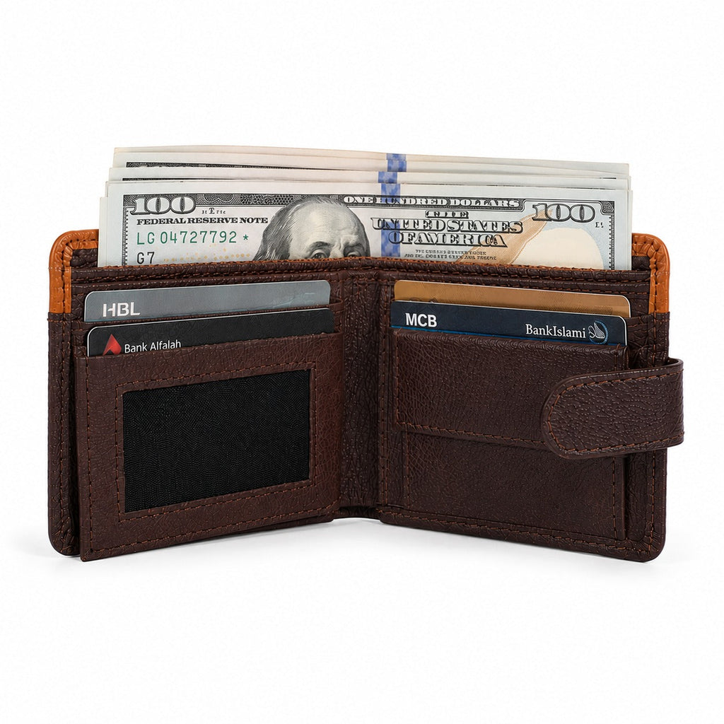 Premium Men's Leather Bifold Wallet – Button Closure | Coin Pocket | Card Holder | Brown