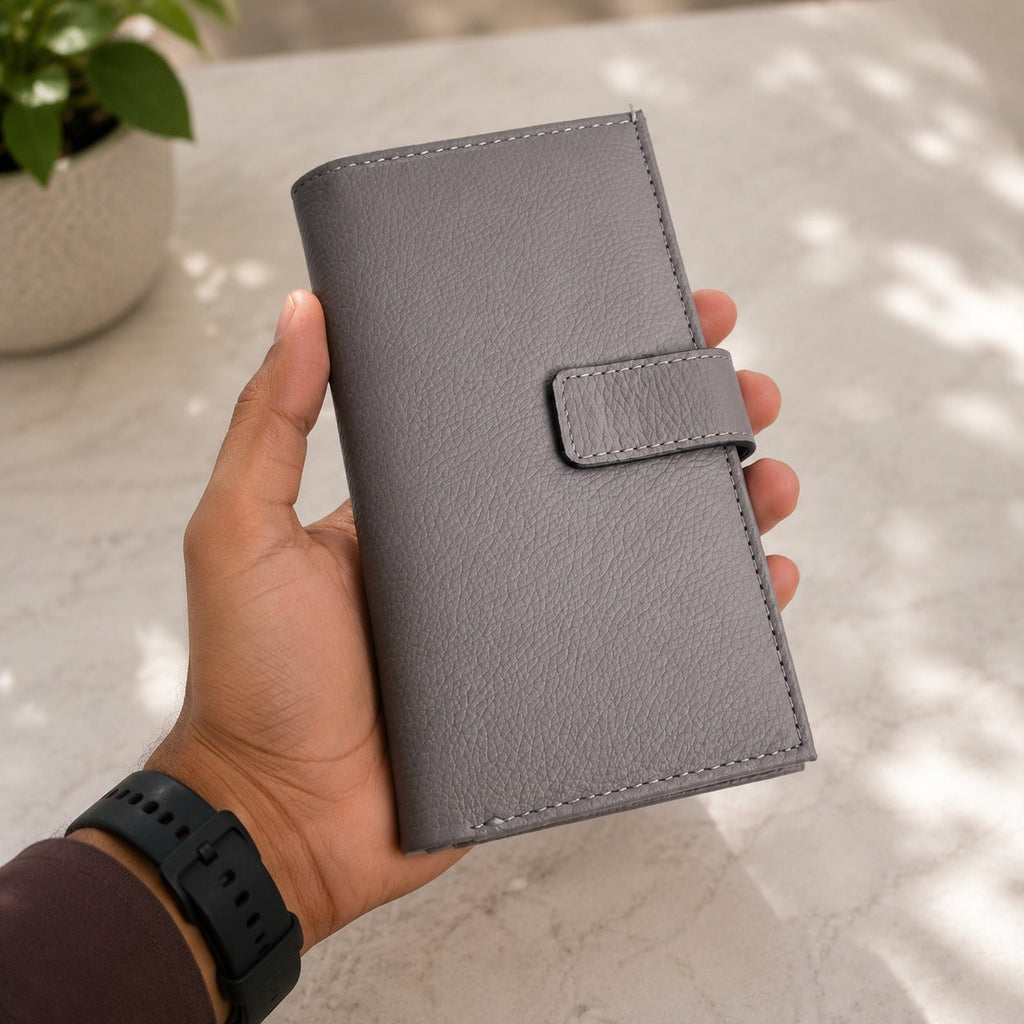 Premium Leather Long Wallet for Men – Button Closure | Card Holder | Zip Pocket | Brown & Grey