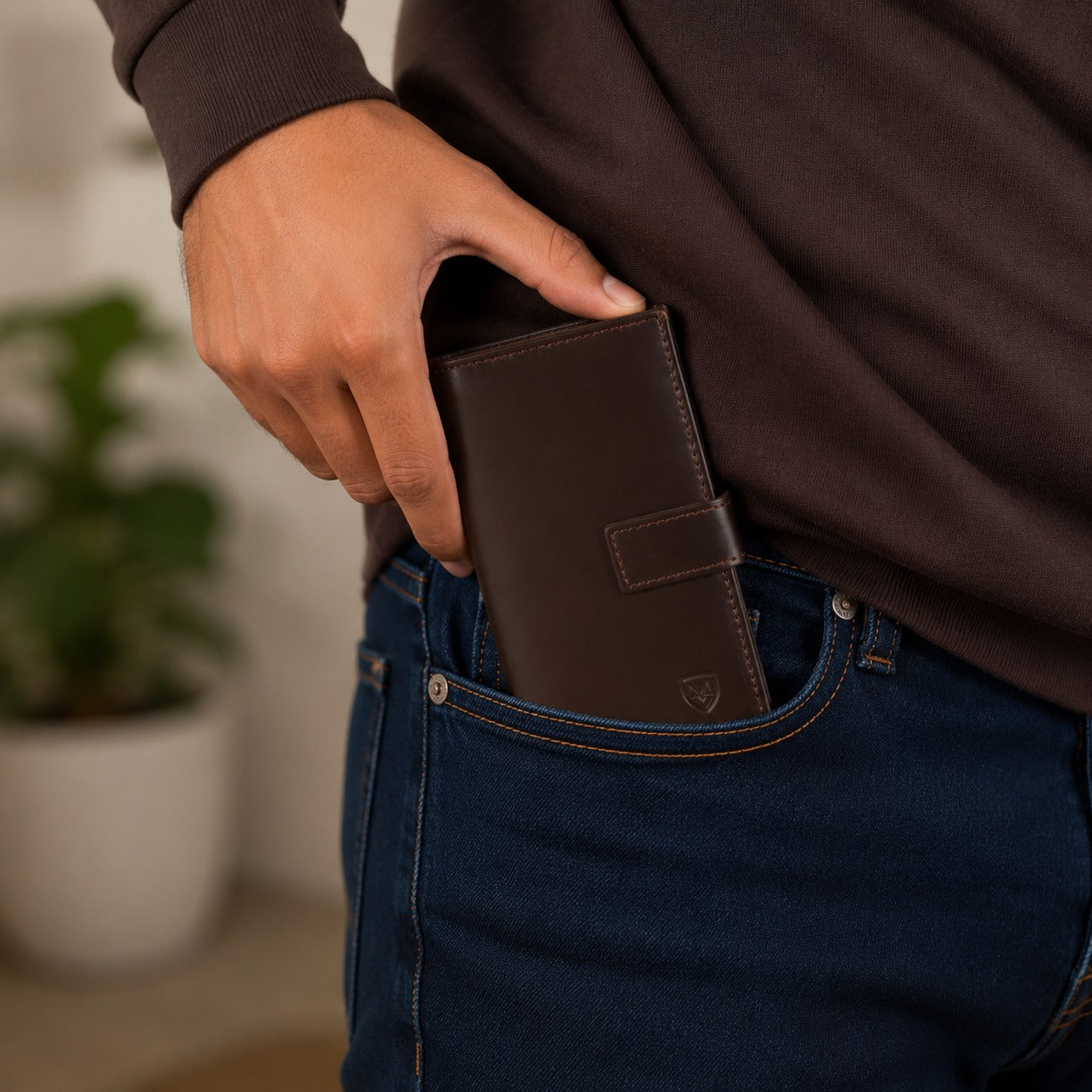 Premium Genuine Leather Long Wallet for Men – Dark Brown | Button Closure | Card Holder & Cash Wallet