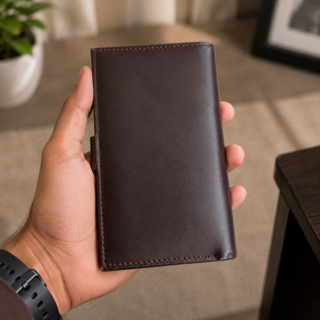 Premium Genuine Leather Long Wallet for Men – Dark Brown | Button Closure | Card Holder & Cash Wallet
