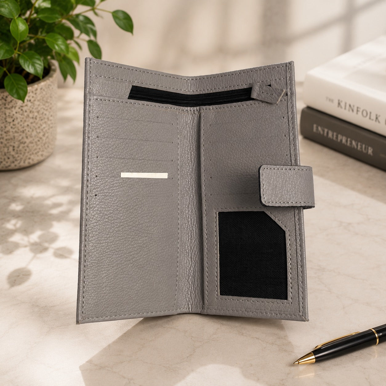 Premium Leather Long Wallet for Men – Button Closure | Card Holder | Zip Pocket | Brown & Grey