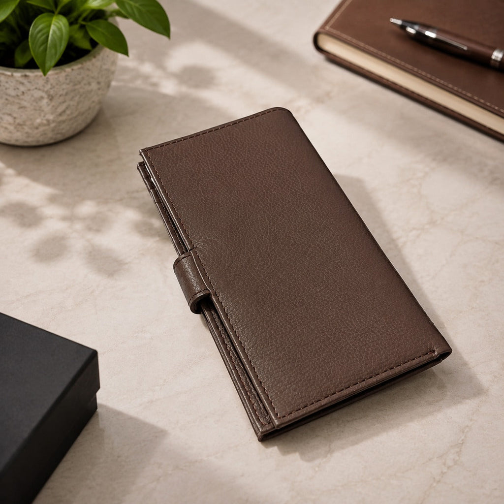 Premium Leather Long Wallet for Men – Button Closure | Card Holder | Zip Pocket | Brown & Grey