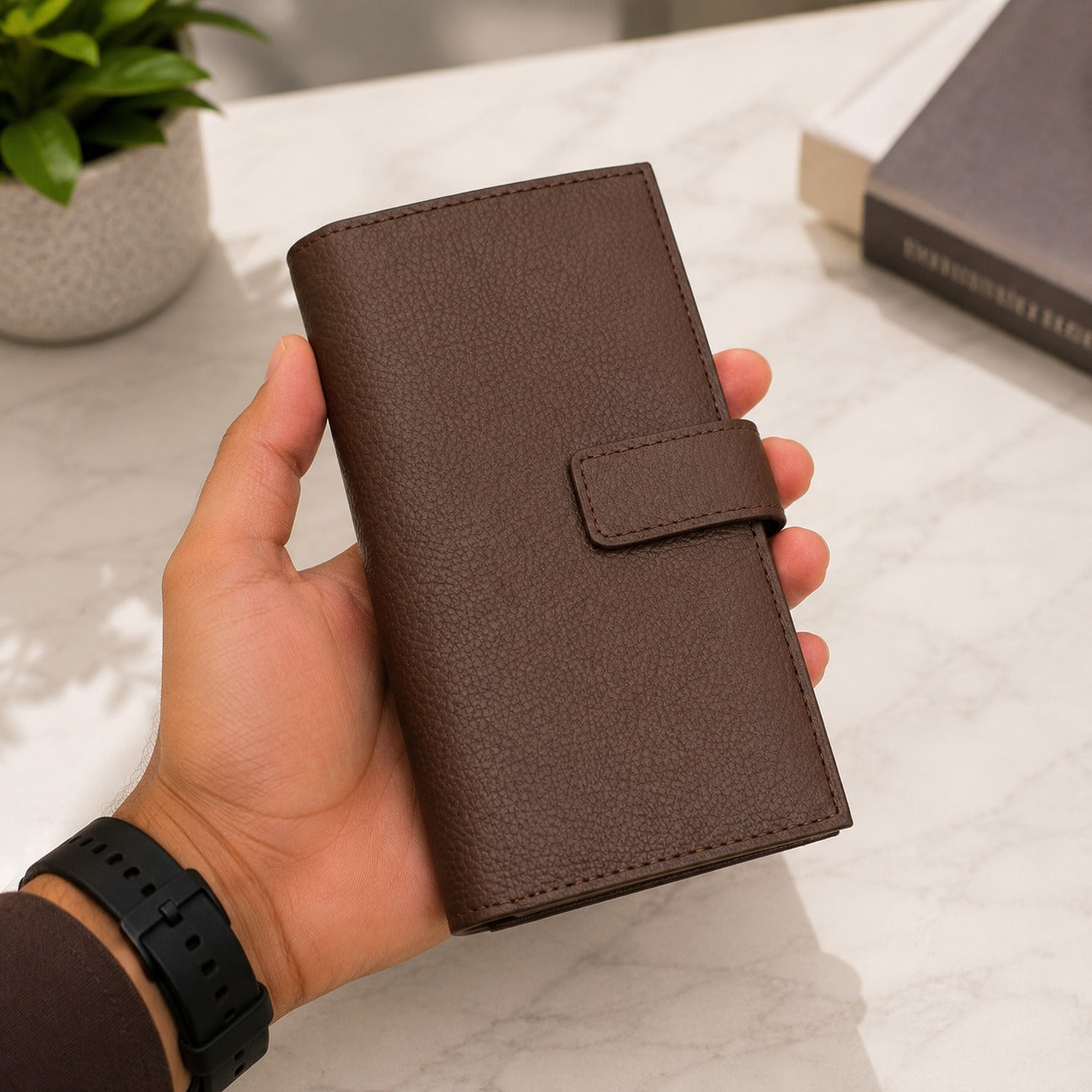 Premium Leather Long Wallet for Men – Button Closure | Card Holder | Zip Pocket | Brown & Grey