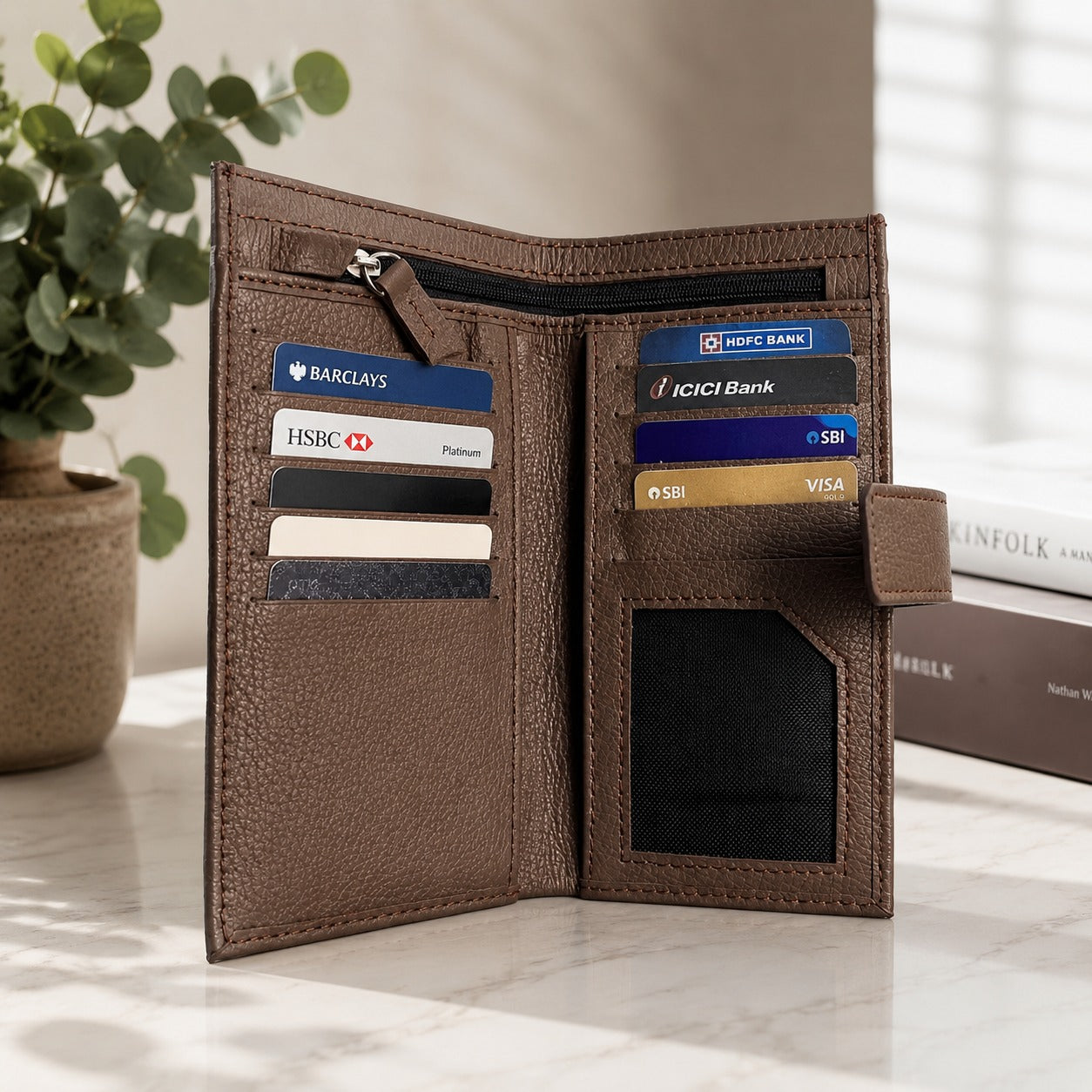 Premium Leather Long Wallet for Men – Button Closure | Card Holder | Zip Pocket | Brown & Grey