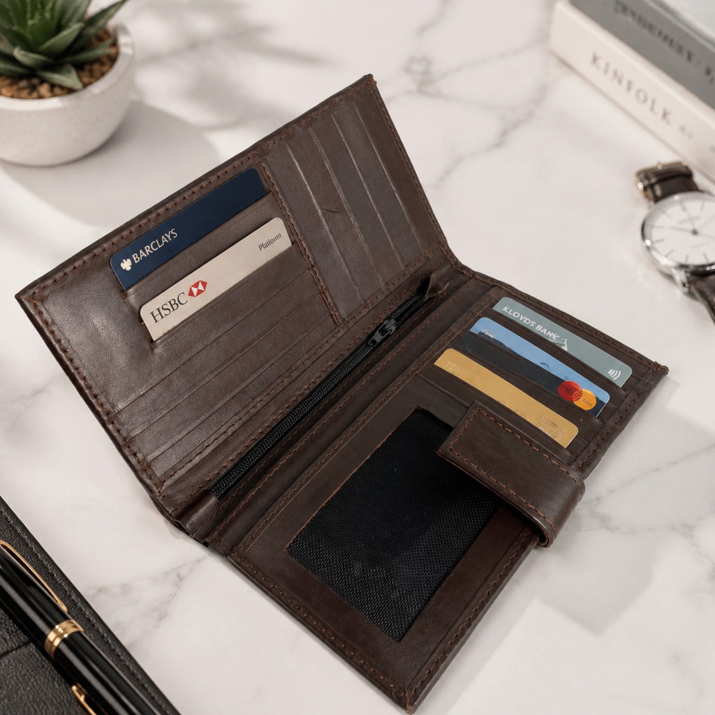Premium Genuine Leather Long Wallet for Men – Dark Brown | Button Closure | Card Holder & Cash Wallet
