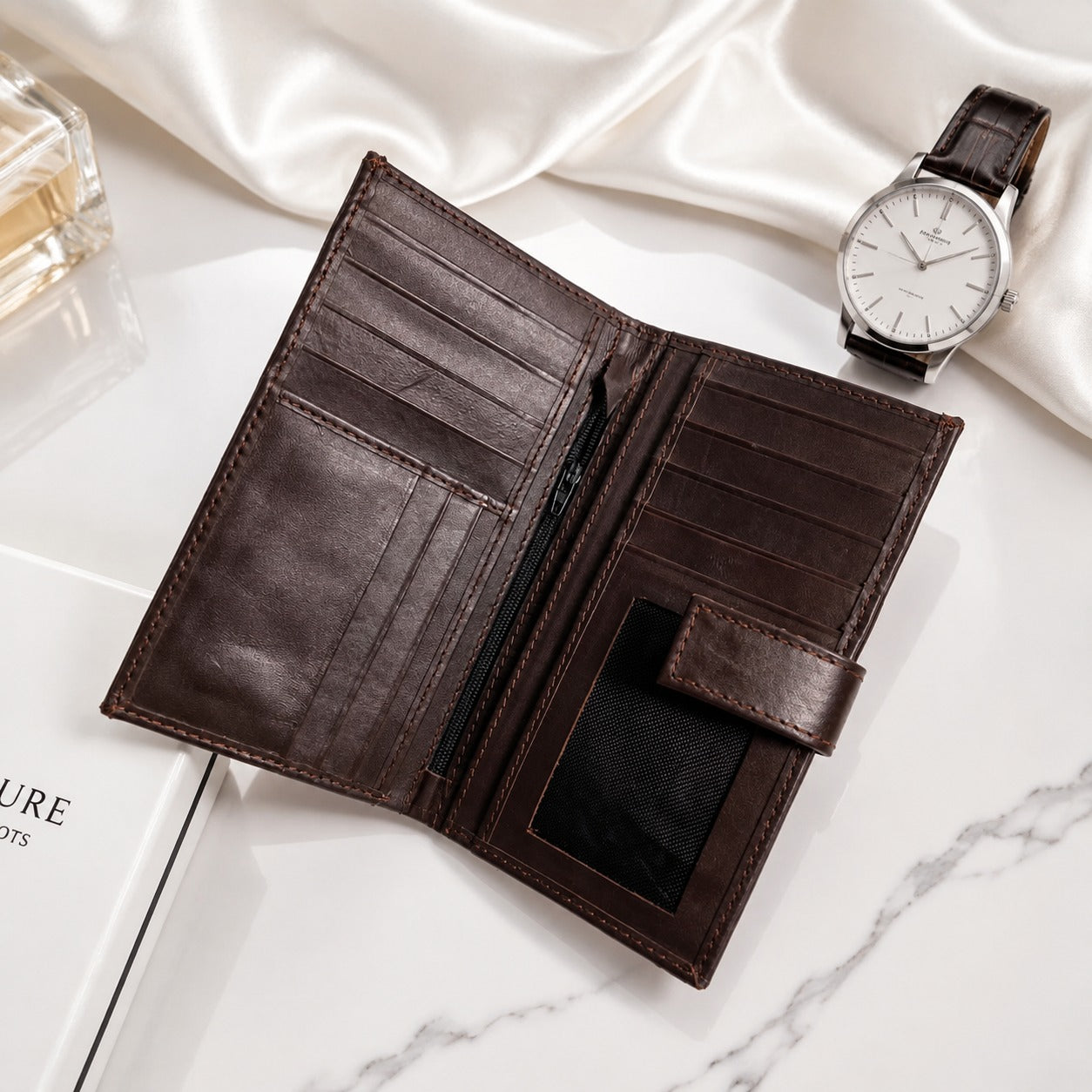 Premium Genuine Leather Long Wallet for Men – Dark Brown | Button Closure | Card Holder & Cash Wallet