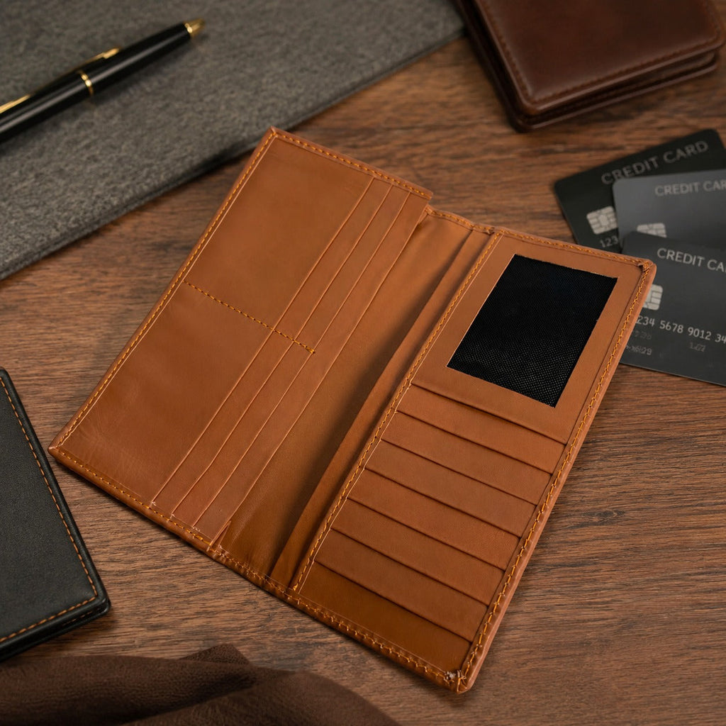 Premium Genuine Leather Long Wallet for Men – Brown | RFID Card Holder | Slim Bifold Wallet